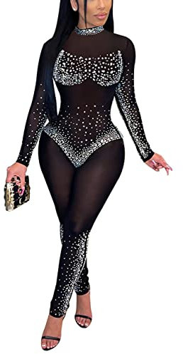 SEBOWEL Damen Jumpsuit Sexy Pailletten Bodycon Overalls Strampler Playsuit Party Streetwear