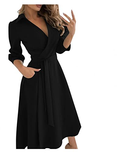Huttam Robe Femme Soiree Cocktail Mi Longue Grande Taille Robe Portefeuille Femme Cache Coeur Manche Longue avec Poches et Ceinture Robe Femme Chic et Elegant Manches 3/4 pour Travail (Noir, L)