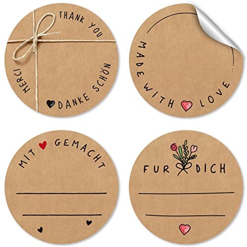 Etiketten selbstklebend zum beschriften - 96 Kraftpapier Sticker | Danke Aufkleber aus Papier 4 cm rund | Aufkleber zum beschriften | Beschreibbar mit jedem Stift!