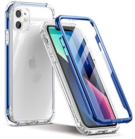 SURITCH Compatible with iPhone 11 Case 360 Shockproof, Clear Cover and Silicone Matte Bumper and Screen Protector, Front and Back Full Body Drop Proof Anti Yellow Case for iPhone 11 6.1 Inch - Blue