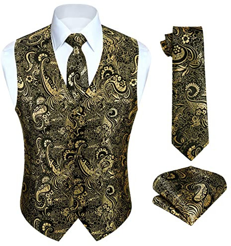 HISDERN Partyweste für Herren Herren Paisley Gold Westen Floral Jacquard Krawatte Einstecktuch Einstecktuch Hochzeit Business Fit Weste Anzug Set S