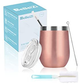 BeBeiZi Weinbecher Edelstahl, 350ml Stemless Weinbecher Mit Deckel Und Strohhalm, Vakuumisolierte Reisekaffeetasse für Cocktails, Coffee, Hochzeitsgeschenk, Geburtstag Frauen, DIY