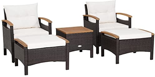COSTWAY 5-Piece Rattan Furniture Set, Patio Sofa Set Garden Table and Chairs with Cushions, Outdoor Acacia Wood Wicker Conservatory Set for Balcony Backyard Poolside (5PCS-with 2 Ottomans)