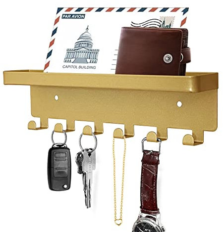 GTK Schlüsselhalter für Wand, Schlüsselhaken mit Tablett und 6 Haken, Wandmontage Schlüsselhalter für Flur, Schlüsselregal mit Ablage für Postaufbewahrung (Gold)