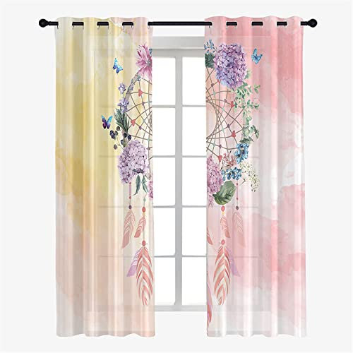 Hiseng Schiebegardinen Voile Vorhang Gardinen 2er Set, Traumfänger Sheer Schiebevorhänge Lichtdurchlässig Flächenvorhänge für Wohnzimmer Fensterschal Schlafzimmer (107x244cm,Traumhaft Blume)