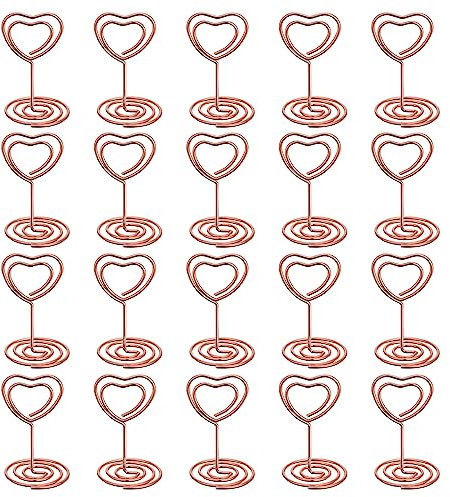 Lahviuu Table Number Holders, 20pcs Heart Place Card Holders, Rose Gold Metal, In Line, for Weddings Party Decorations Office Memo