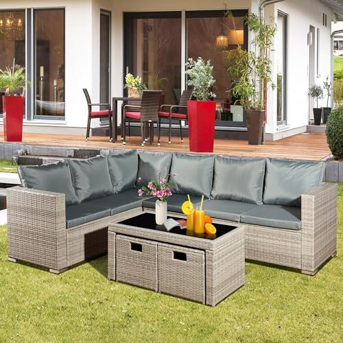 Aweather 6 Seater Rattan Corner Sofa Set Rattan Garden Furniture Set All-Weather PE Rattan Wicker Patio Conversation Set with Modern Glass Coffee Table and Washable Cushions (Gray)