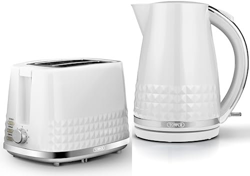 TOWER Solitaire White 1.5L 3KW Jug Kettle & 2 Slice Toaster. Matching Modern Design Kettle & Toaster Set in White with Chrome Accents