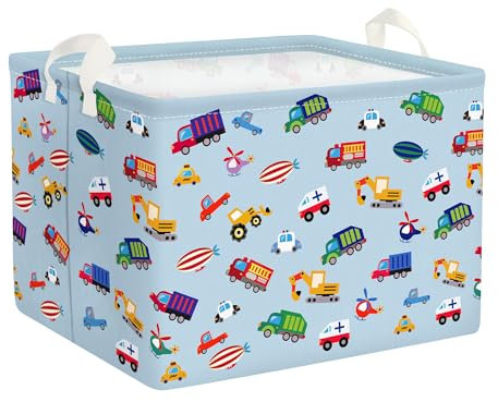 Clastyle Blau Fahrzeug LKW Junge Würfel Aufbewahrungskorb für Babyzimmer Bagger Auto Wasserdicht Rechteckig Stoff Regalkörbe Kleidung Spielzeug Kinder Aufbewahrungsbox, 40x30x30 cm