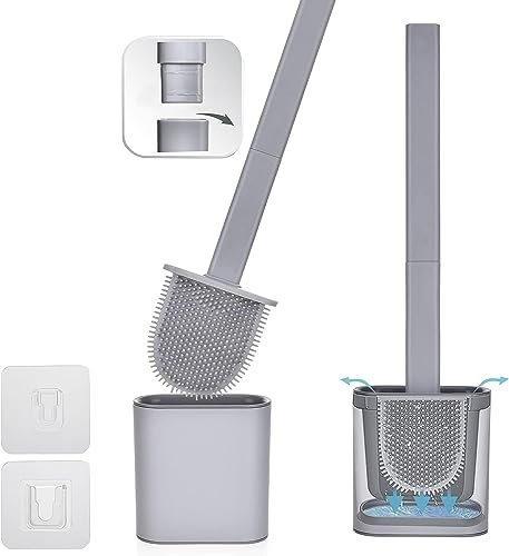 Revolutionary Grey 1 Pack Deep Clean Silicone Toilet Brush & Quick Dry Anti-drip Holder, Flexible No scratch Bathroom Brush