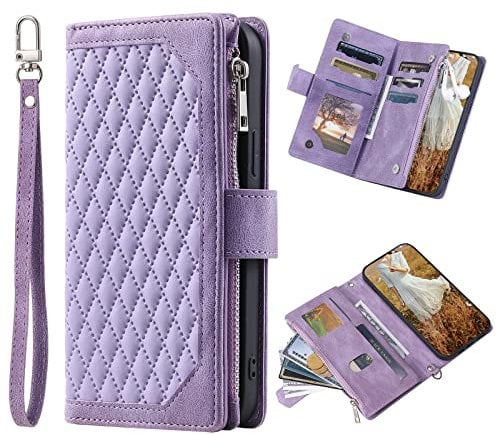 Wuhaizher iPhone 15 Phone Case Zipper Pocket Flip Shockproof Leather Folio Wallet Case with 6 Card Holder Slots Stand Silicone Bumper Zip Cover for iPhone 15 Case Girls Women, Purple
