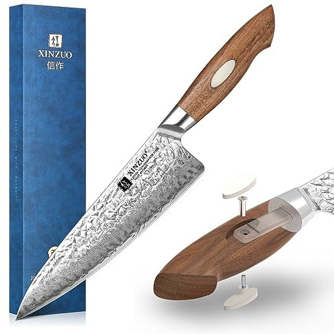 XINZUO 21.1cm Cuchillo de Chef Japonés Acero AUS-10, 67 Capas de Acero Damasco Cuchillo de Cocina, Forjado a Mano Cuchillo de Cocinero Profesional Cuchillo Gyuto con Mango de Madera de Nogal Negro