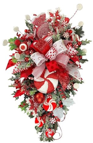 LEMCC 19,7 Zoll Großer Umgedrehter Weihnachtsbaum mit Süßigkeiten, Künstlicher Zuckerstangen-Weihnachtskranz, Süßer Rot-weißer Weihnachtskranz aus Süßigkeiten, Weihnachtsgirlanden-Ornamente(#1)