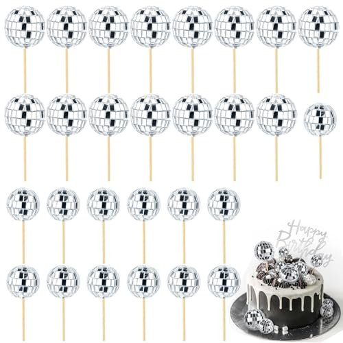 30PCS Disco Ball Cake Decoration, Mini disco Ball, Disco Ball Bamboo Can be Used for Cake Decoration Cupcake Decoration Dessert Decoration Disco Party Decoration (Silver)