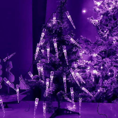 KINGCOO 20LED Eiszapfen Lichterkette Außen und Innen, Wasserdicht 5M LED Solar Eiszapfenleuchten Rohr Lichter für Balkon Party Garten Haus Weihnachtsbeleuchtung Deko (Lila)