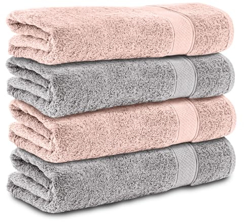 Komfortec Juego de 4 toallas de ducha, 70 x 140 cm, 100% algodón, 470 g/m², de rizo, suave, plata/rosa