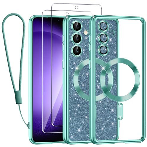 Kokio für Samsung Galaxy S23 FE 5G Hülle Mit Glitzer Karte,[Kompatibel mit MagSafe],Mit 2*Schutzfolie und 1*Handykette,Kamera Objektivschutz,Flash Handyhülle für Frauen Mädchen,Grün