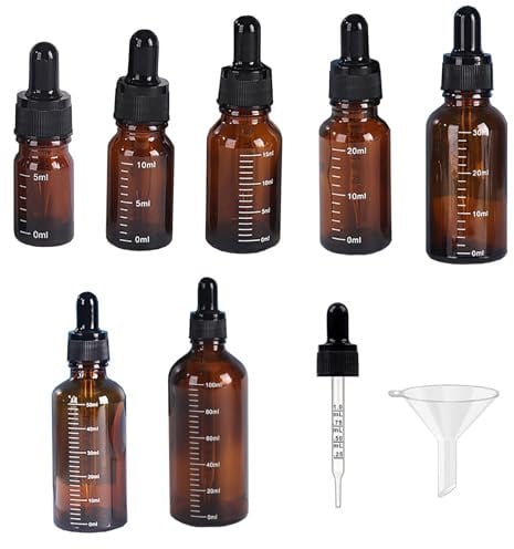 UpTuoLi Lot de 7 flacons compte-gouttes en verre avec 1 entonnoir, pipette graduée, bouteilles pour huiles essentielles étanches avec compte-gouttes mesurés