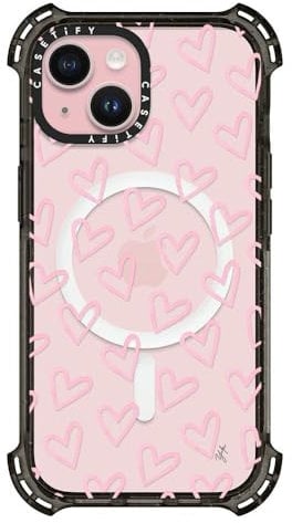 CASETiFY Bounce Case for iPhone 15 [6X Military Grade Drop Tested / 21.3ft Drop Protection/Compatible with Magsafe] - HEARTS/Light Pink Thin - Clear Black