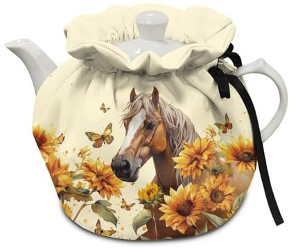 Poceacles Horse Sunflower Tea Cozy, Teapot Cozies Dust Proof Insulated Teapot Cover Keep Warm Home Kitchen Table Decorative Accessories Kettle Quilt for Hotel Restaurant Tea Party