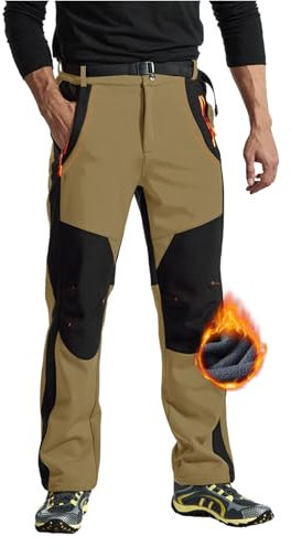 Rdruko Skihose Herren Wasserdicht Winter Softshellhose Winddicht Wanderhose Warme Winterhose Thermo Gefüttert Snowboardhose Trekkinghose mit Taschen (Khaki, L)