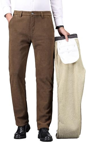 ziilay Pantaloni in velluto a coste da uomo, foderati in pile elasticizzato, con fodera in lana d'agnello, caffè, 33W x 32L