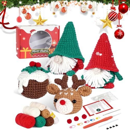 Durdiiy Weihnachts Häkelset für Anfänger, Komplettes Häkelset mit 4 Weihnachten Thema (Weihnachten/Schneemann/Zwerg/Elch), DIY-Häkelpaket für Anfänger mit Schritt-für-Schritt Video Tutorials (B)