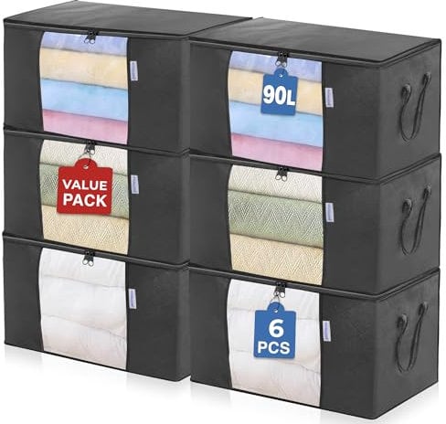 ACRALI HOME 90L Clothes Storage Bags with Zips - 6 Pack Foldable Clothes Storage Boxes with Reinforced Handle and Transparent Window, Breathable Thick Fabric for Comforters, Blanket, Toys & Bedding