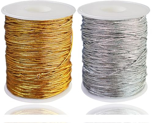 Ewparts 200m Gold und Silber Metallic Schnur Metallic Kordelband Reißfest 1mm Goldfaden Metallschnur Bastelschnur Geschenk Weihnachten, Schleifenband Goldfaden Weihnachten Kordel DIY Dekoration