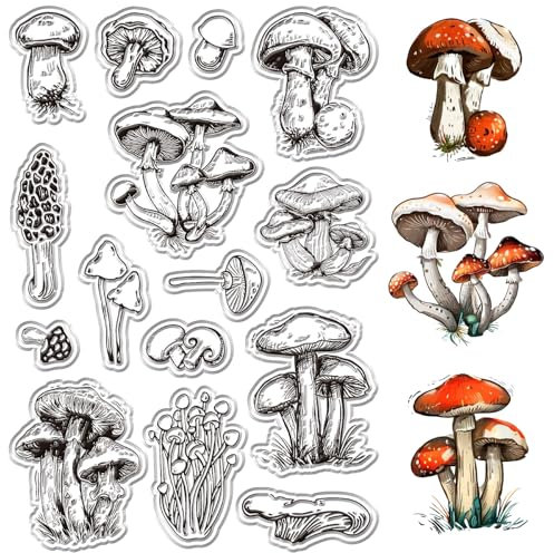 CRASPIRE Transparente Stempel Mit Pilz Motiv Shiitake Motiv Vintage Wiederverwendbar Silikon Tintenstempel Siegel Transparente Gummistempel Zum Basteln von Karten Feiertagen Halloween DIY Scrapbooking