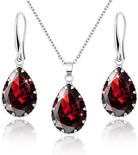 Linawe Schmuck Set Rot Schmucksets Damen, Ohrringe Silber Hängend Damenohrringe Set, Kette Halskette Ruby Anhänger, Brautschmuck Modeschmuck Jewelry Set