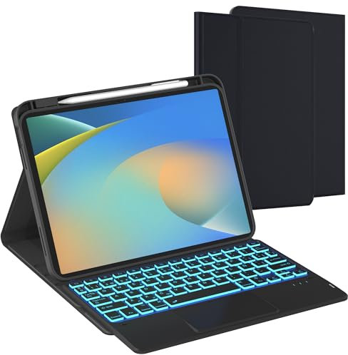 Funda con Teclado Español Ñ para iPad (A16) 11.Generation 11 2025, iPad 10. Generation 10.9 2022 - retroiluminación de 7 colores + panel multitáctil + Funda Folio con teclado inalámbrico extraíble
