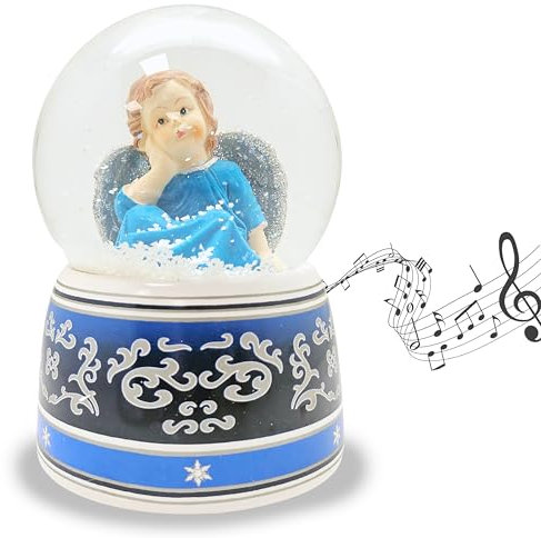 Schneekugel Weihnachten Spieluhr | Engel blau verträumt | Sockel mit Ornamenten | mit Musik „Wassermusik |Höhe: 140mm Breite: 100mm | 20030