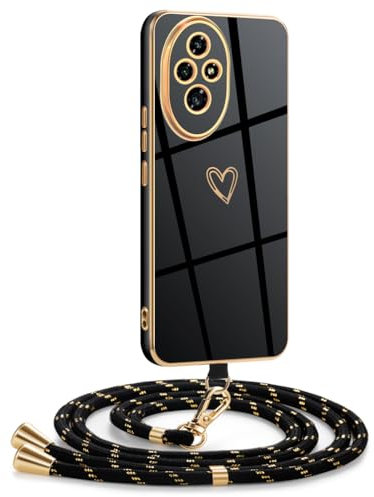 Mkej Coque pour Honor 200 avec Cordon, Coque avec Collier Motif Coeur d'amour Silicone Galvanisé Housse, Réglable Amovible de Cordon Case pour Honor 200, Or Noir