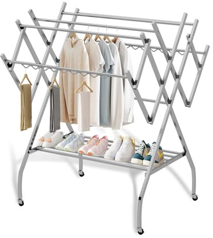 Sinbide Tendedero Plegable para Interior y Exterior, Metal Acero Inoxidable, 110 * 110 * 160CM, Portátil, Plegable, Ahorra Espacio, con Agujeros para Colgar, Doble Estante