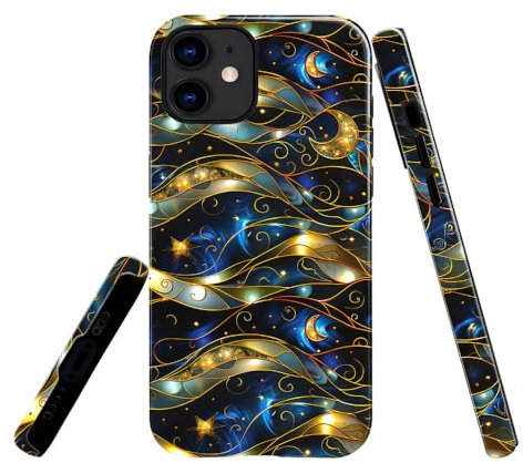 TnXee Case Compatible with iPhone 11,Fall Prevention Glossy Hybrid 2-Layer Hard Shell Cases for Girls Boys,Stained Glass Effect Moon Stars