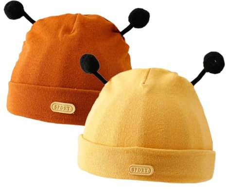 HEOXIN Baby Kinder Mütze 2 Stücke, Niedlich Beanie Mütze Hüte, Biene Babymütze für Herbst, Winter Mütze Hüte für 0-12 Monate Baby Mädchen Junge Unisex, Einheitsgröße Gelb + Braun