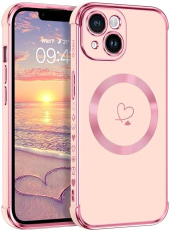 Telaso Magnetische Hülle für iPhone 14, Handyhülle für iPhone 14 Niedliches Herz Muster [ Kompatibel mit MagSafe ] Weiche Plattierung Abdeckung für Frauen, Schutz der Kamera, Rosa
