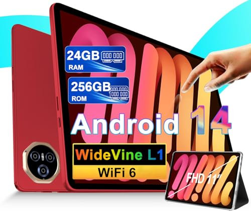 2025 Newest Tablet 11 Pulgadas Android 14 Tablets, 24GB RAM+256GB ROM (2TB TF), FHD IPS, Octa-Core, UFS 2.2 Flash, 8000mAh, 5MP+13MP, Dual WiFi, BT 5.0, Widevine L1, Face ID, Con Carcasa MetÃlica-Rojo