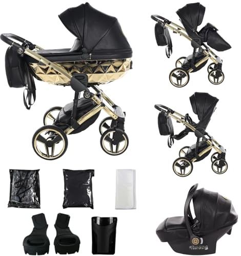 Junama Kinderwagen Diamond Hand Craft 2in1 3in1 4in1 (05 - Schwarz und Gold, 3in1 mit Autositz)