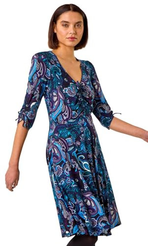 Roman Fit & Flare Skater Dress for Women UK - Ladies Tea Stretch Swing Ruched Jersey Casual Summer Occasion Evening Cocktail Party Holiday V-Necked Knee Length - Blue Noir - Size 20