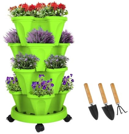 Sthrucrack Fioriera impilabile, giardino verticale a torre, set di fioriere verticali utilizzate per fragole, erbe aromatiche e fiori (Verde, 4 livelli)