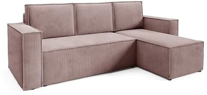 Sofello Corda Ecksofa Cord Schlaffunktion automatisch DL + Containersofa mit Bettzeug Boxsofa für Wohnzimmersofa Liegefläche: 204×144 cm (poso 27 - Rosa)