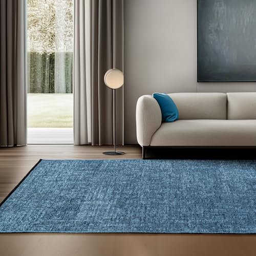 SIMPEX Chenille Teppich Baumwolle Blau 140x200 cm Boho-Stil, Vintage Kelim, Waschbar, Kurzflor, rutschfest & Weich, Einfarbig Meliert, Für Wohnzimmer, Schlafzimmer, Büro & Küche