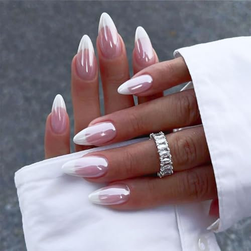 GZMAYUEN 24 Stück French Tipp Press on Nails Mandel Gefälschte Nägel Chrom False Nails Glänzend Vollabdeckung Falsche Nägel, Glossy Kunstnägel Fake Nails für Frauen