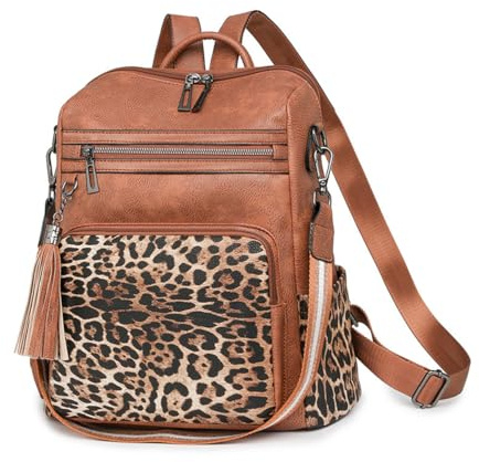 SONARIN Vintage Fashion Backpack Women,Large Capacity PU Leather Ladies Backpack Anti-Theft Girls Casual Daypack Travel Rucksack,Convertible Shoulder Bag for School Work(Leopard Brown)