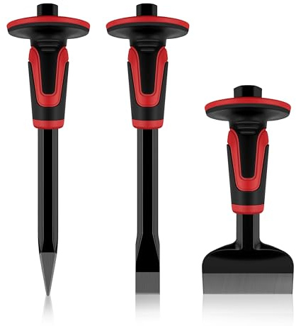 C&T 3Pcs Heavy Duty Masonry Chisel Set with Hand Guard, Stone and Rock Chisel, Rock Chisel Set, Stone and Rock Tool for Breaking, Splitting and Cutting- Professional Masonry Tools