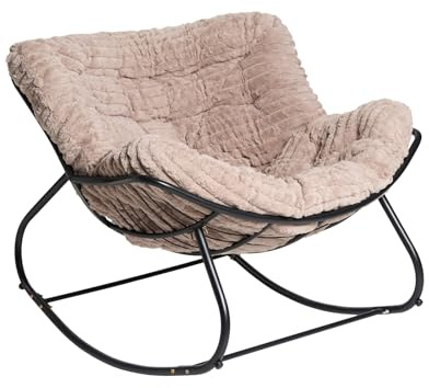 OHS Rocking Chair, Faux Fur Ribbed Upholstered Fabric with Curved Metal Frame Lounge Chairs Modern Comfy Relaxing Home Nursing Chair for Living Room Bedroom Balcony, Natural