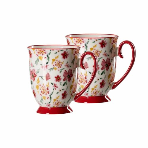 Ritzenhoff & Breker Kaffeebecher-Set MALO 2-teilig, 320 ml, Porzellan-Henkelbecher mit Blumenmuster, Spülmaschinen- & Mikrowellenfest, Rot