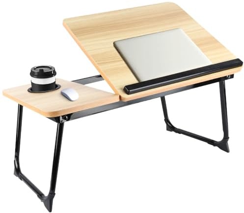 OHMG Plateau de Lit Pliable 56x33x24cm - Table de Lit avec Support Ordinateur Portable, Support Livre et Porte-Gobelet, 5 Positions Inclinaison jusqu'à 20kg